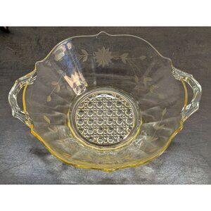 Vtg. Lancaster Topaz Yellow Depression Glass Handled Bowl Jubilee Etched Floral
